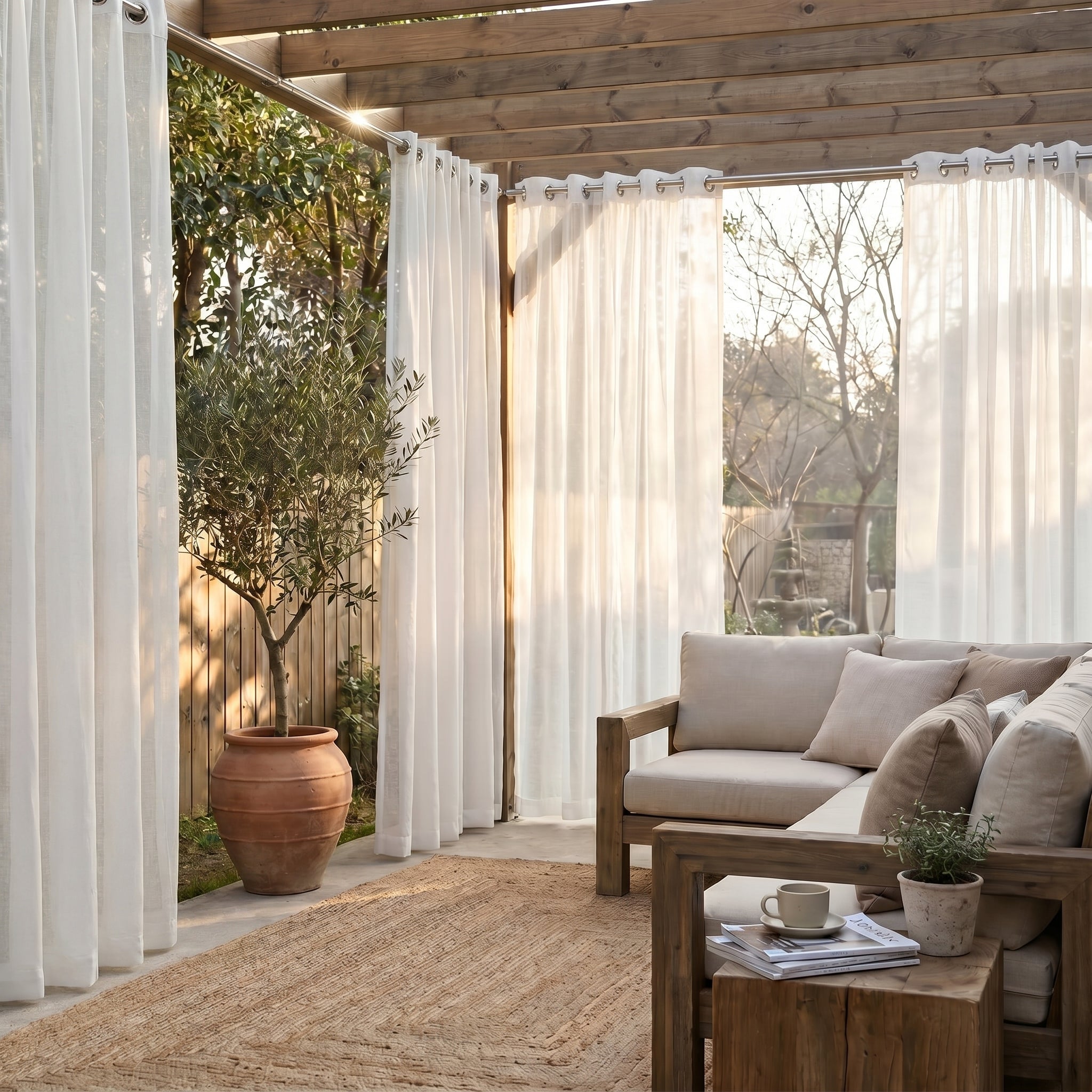Linen Texture Solid Outdoor Sheer Curtains