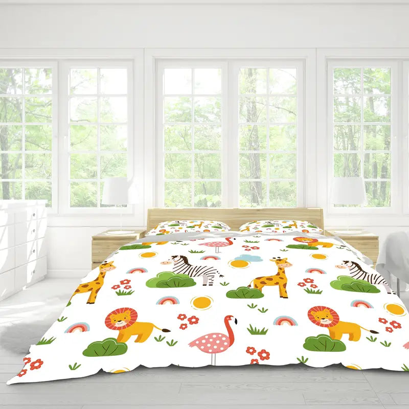 NNETM Cartoon Animal Microfiber Duvet Cover Set - Lion, Flamingo, Deer, Zebra Print (3pcs)