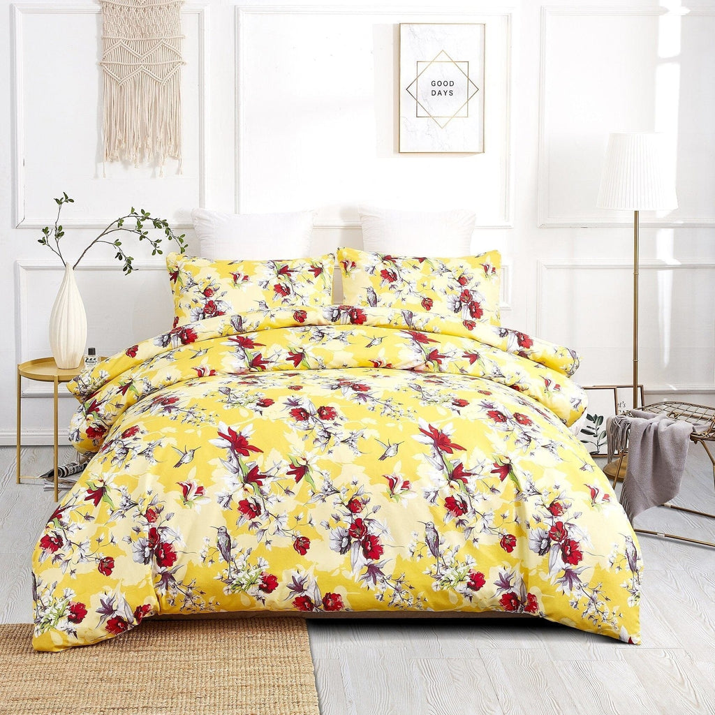 DaDa Bedding Yellow Hummingbird Duvet Cover, Sheets & Valance Set