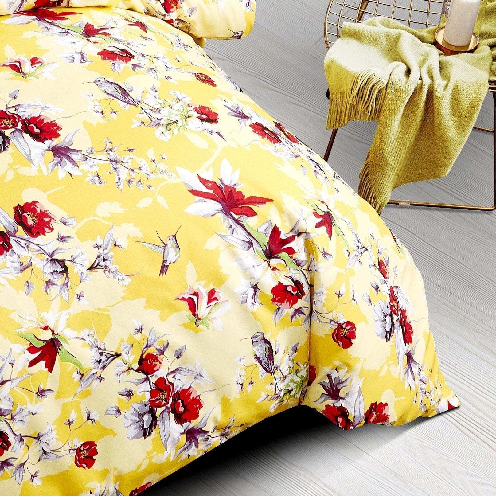 DaDa Bedding Yellow Hummingbird Duvet Cover, Sheets & Valance Set