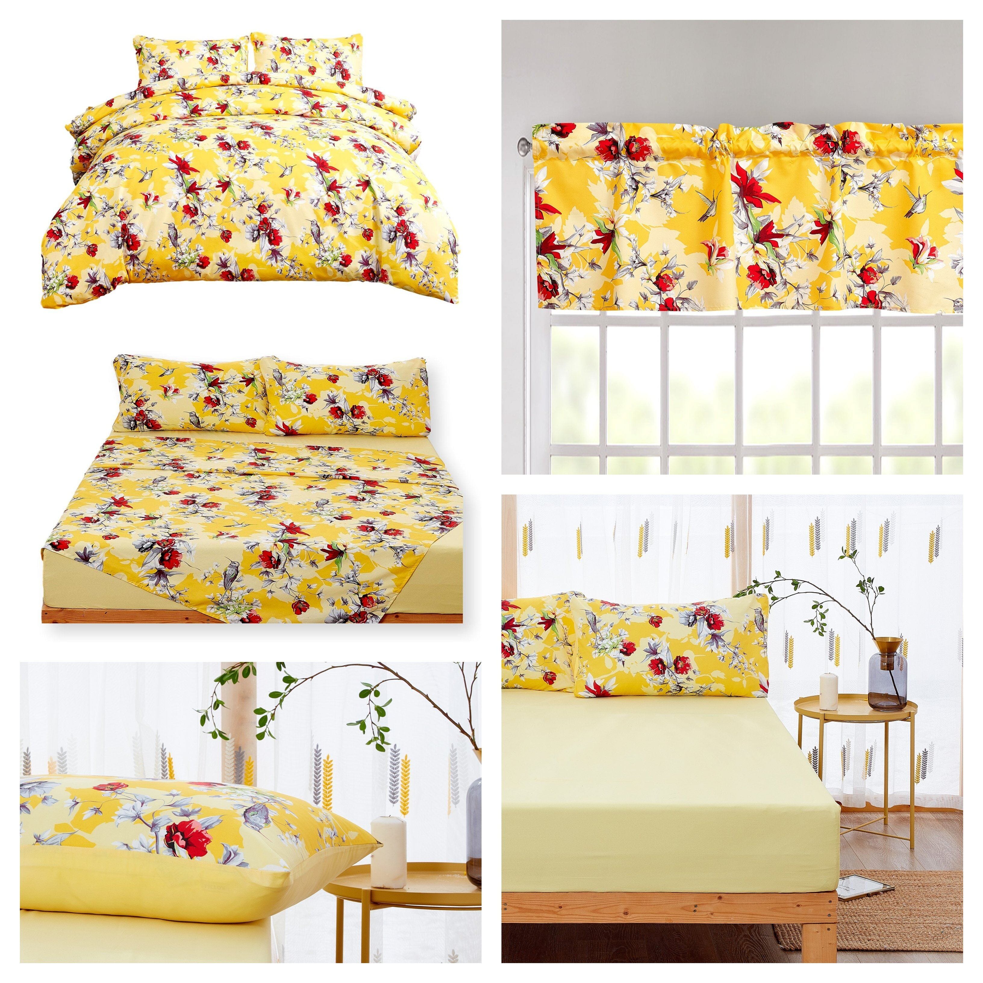DaDa Bedding Yellow Hummingbird Duvet Cover, Sheets & Valance Set