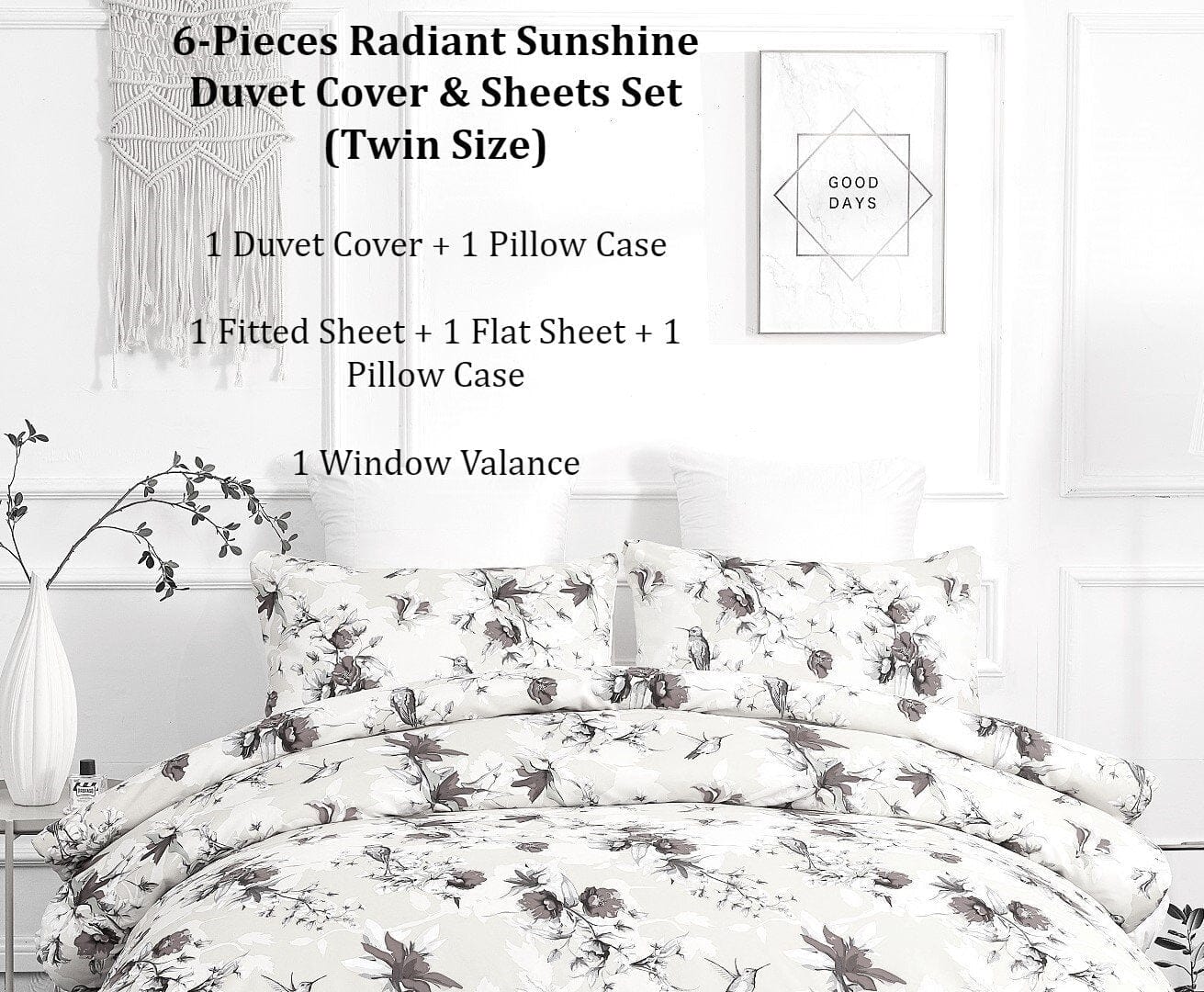 DaDa Bedding Yellow Hummingbird Duvet Cover, Sheets & Valance Set