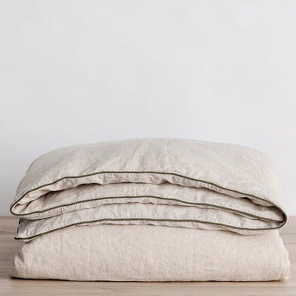 Natural Beige with Moss Green Piping - 100% Pure Linen or Linen Cotton | 3 Piece Piped Duvet Cover Set | Handmade | Pre-washed