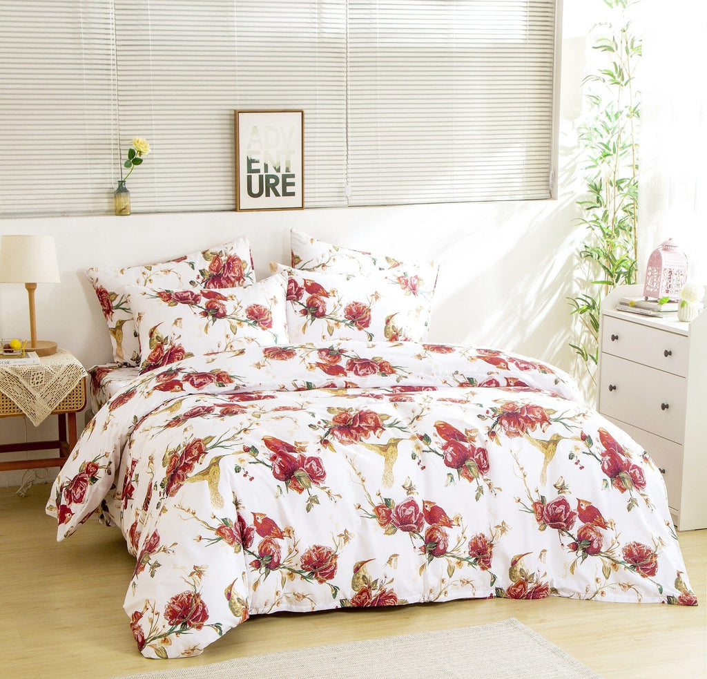 Tache Floral Hummingbirds Burgundy White Vintage Rose Garden Reversible Duvet Cover (SD-7676)