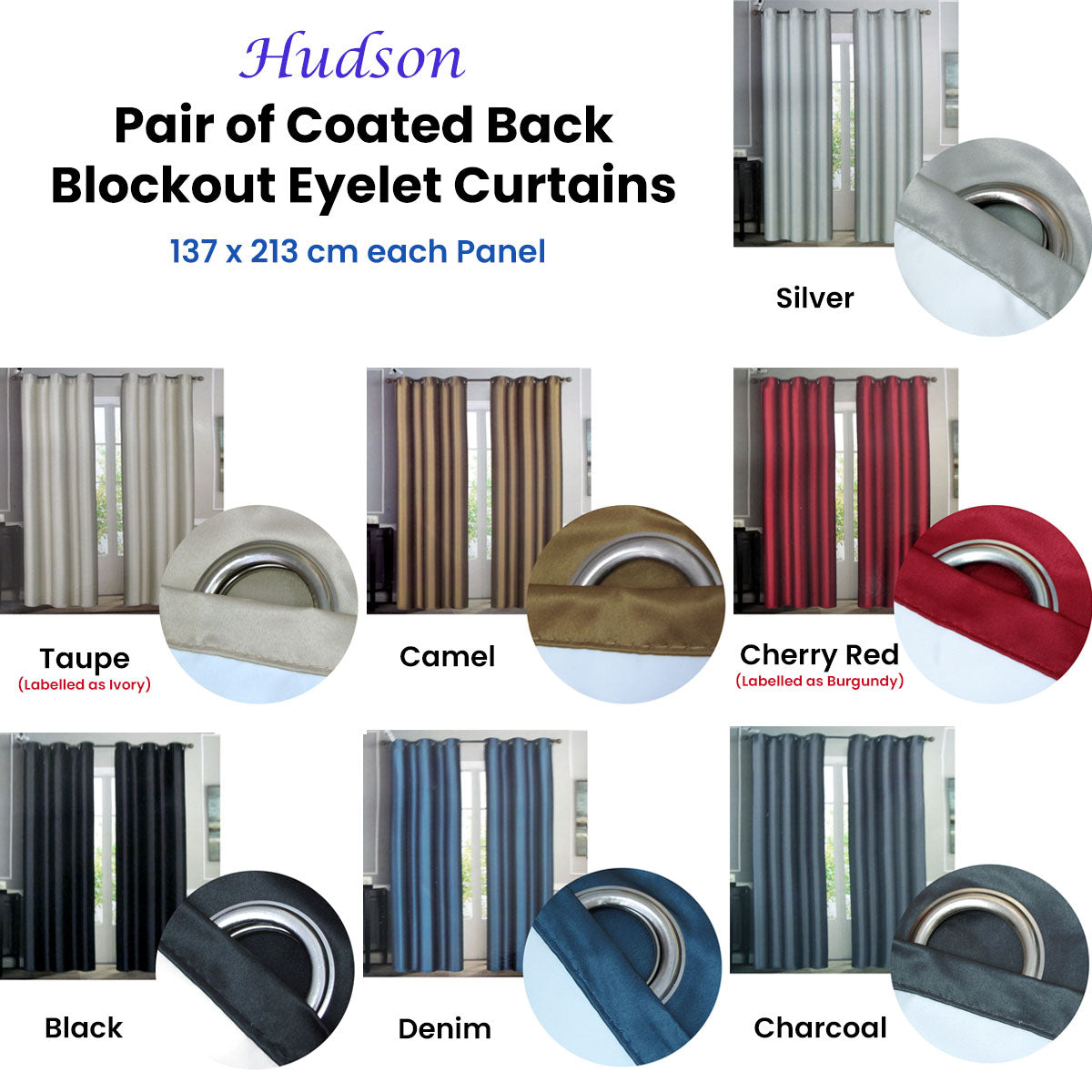 NNEDSZ Emporio Hudson Pair of Coated Back Blockout Eyelet Curtains 137 x 213cm each Silver