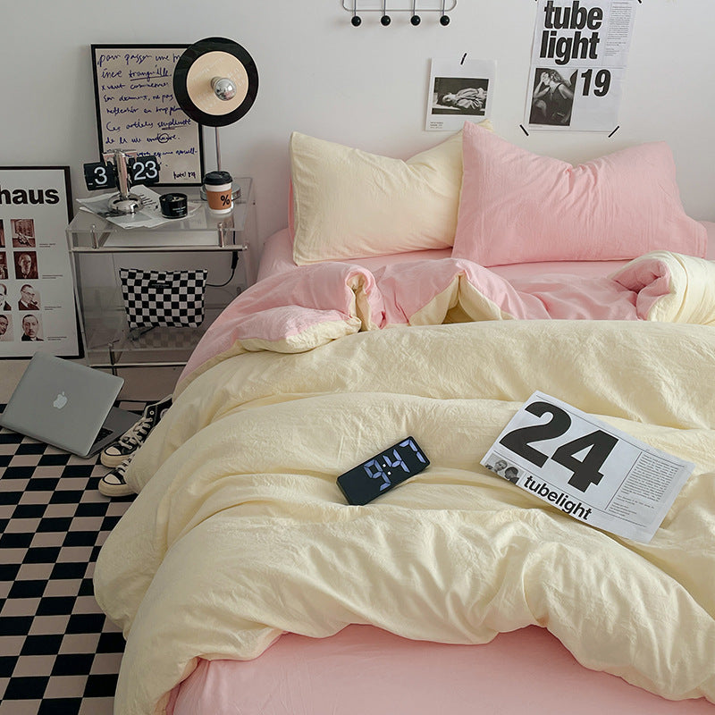 NNEDSZ Pink-yellow 1.5m Bed Fitted Sheet Set with 200x230cm Duvet Cover - 4-Piece Bedding Set