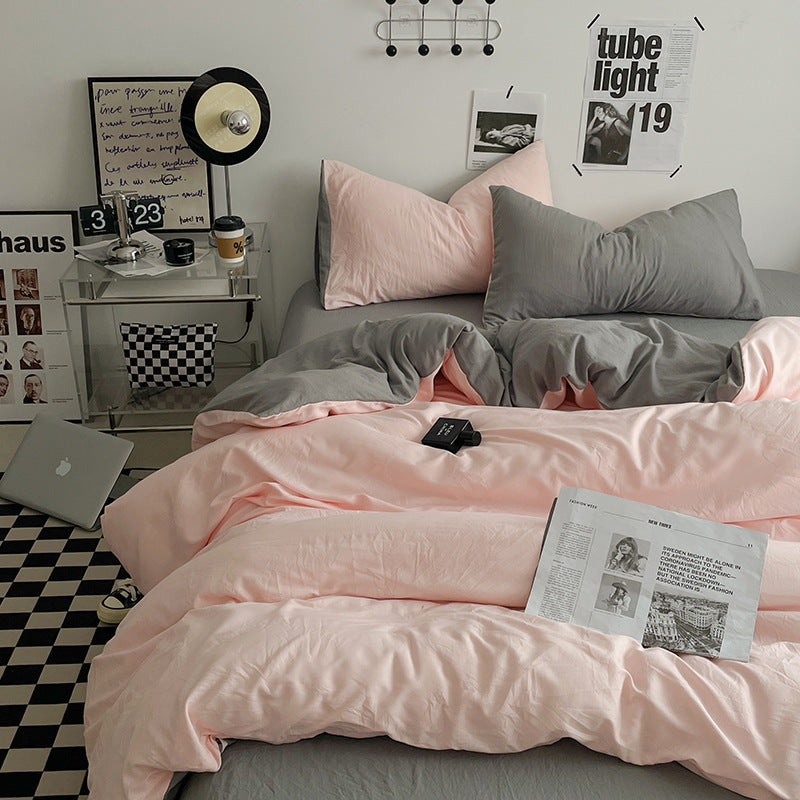 NNEDSZ Pink-grey 1.5m Bed Fitted Sheet Set with 200x230cm Duvet Cover - 4-Piece Bedding Set