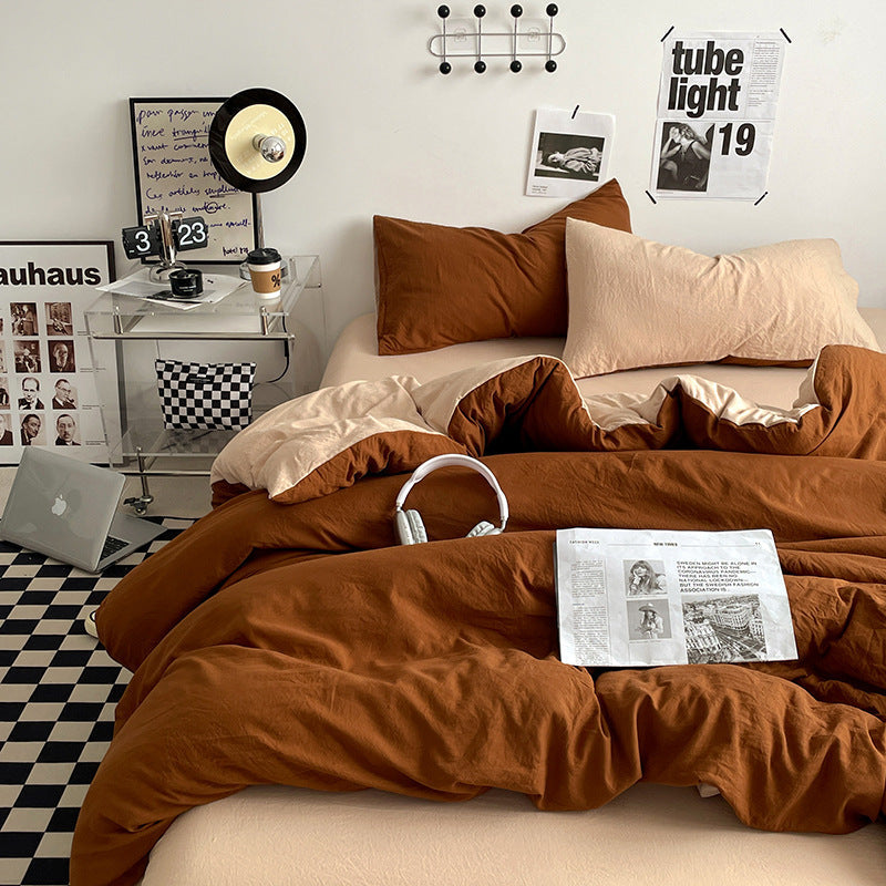 NNEDSZ Brown 1.5m Bed Fitted Sheet Set with 200x230cm Duvet Cover - 4-Piece Bedding Set