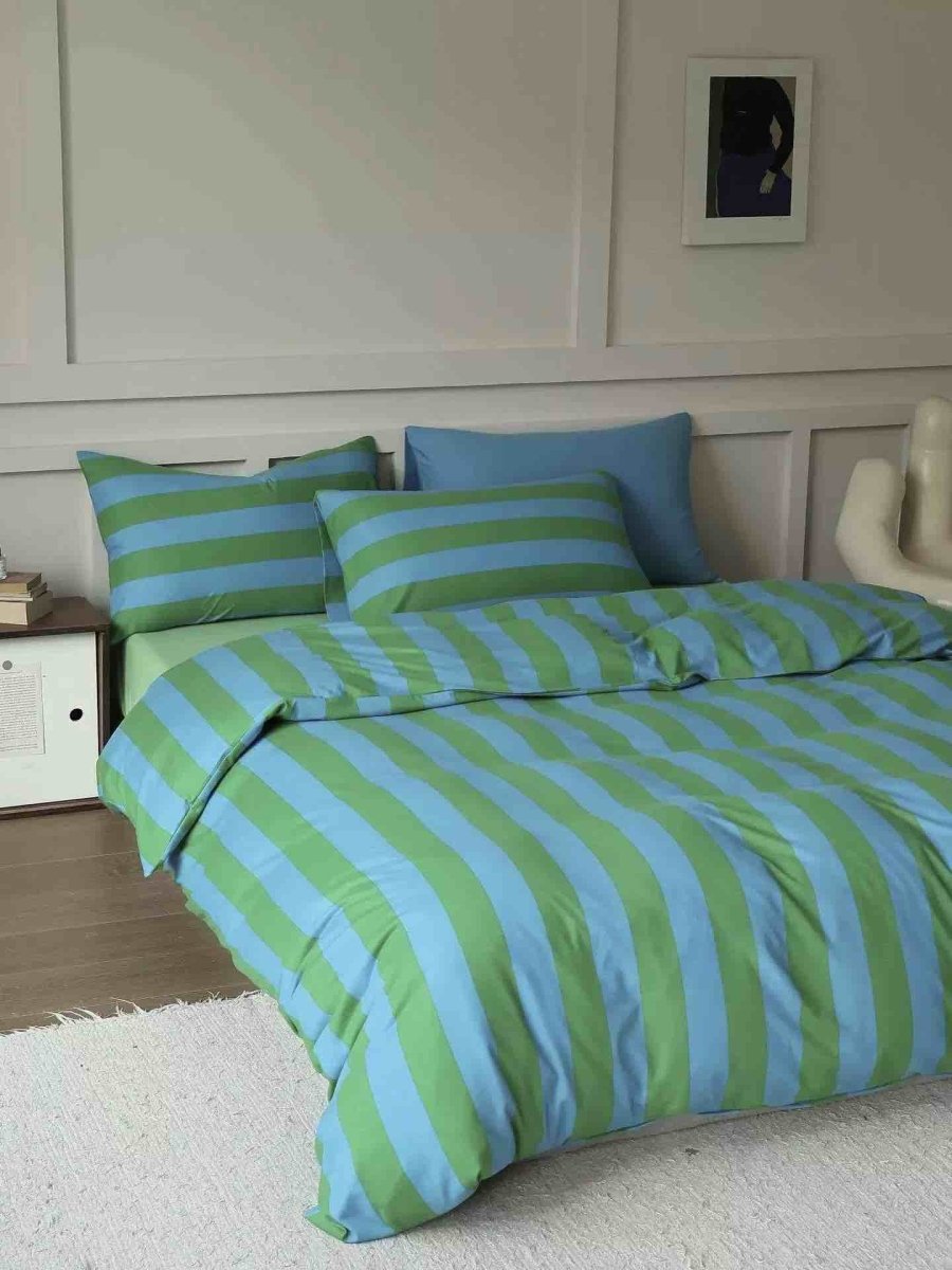 Dopamine Stripe Cotton Queen Size Duvet Cover Set With Pillowcases & Fitted Sheet