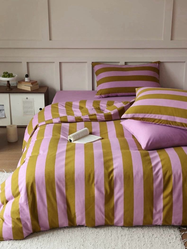 Dopamine Stripe Cotton Queen Size Duvet Cover Set With Pillowcases & Fitted Sheet