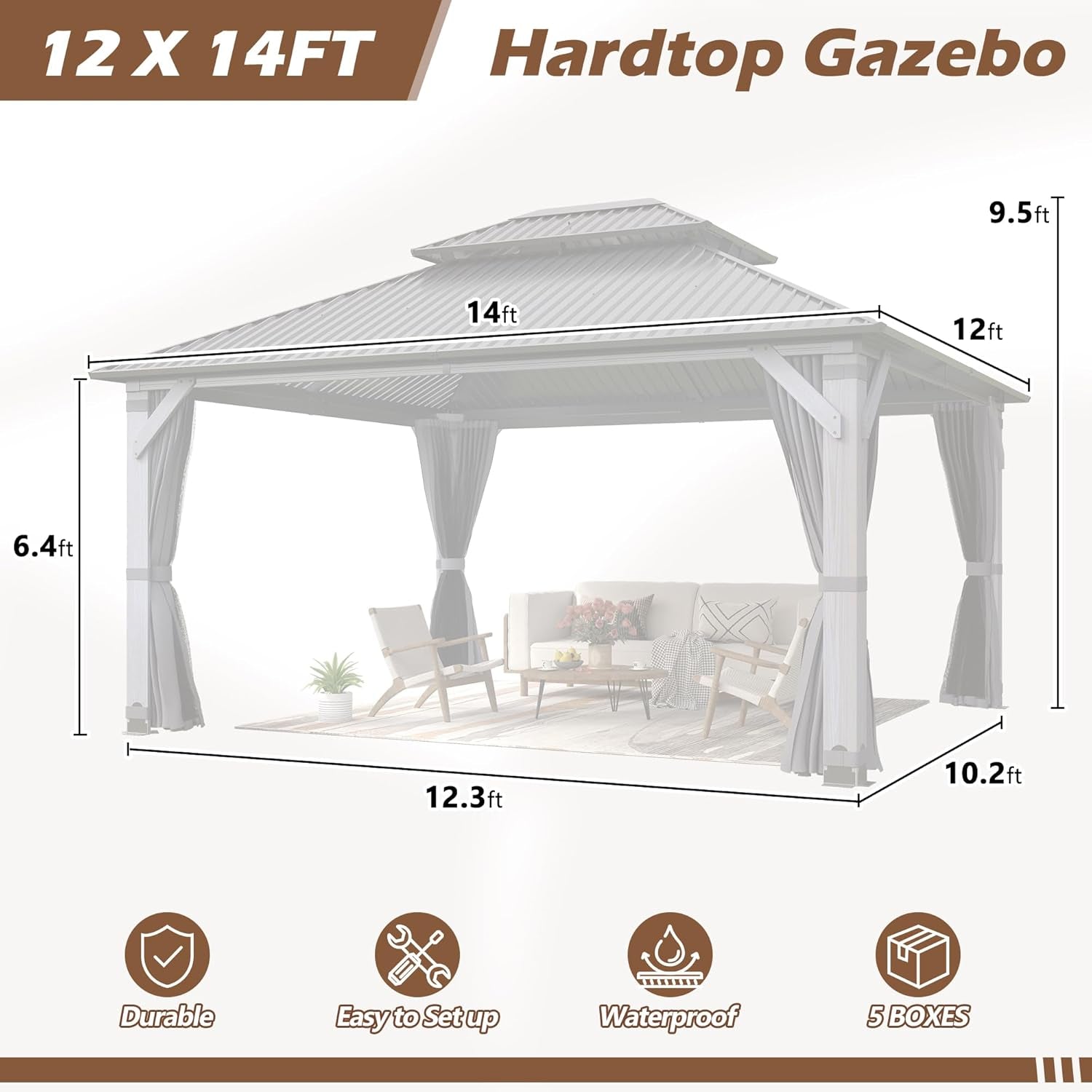 12x14 Ft Weatherproof Durable Gazebo With Curtains