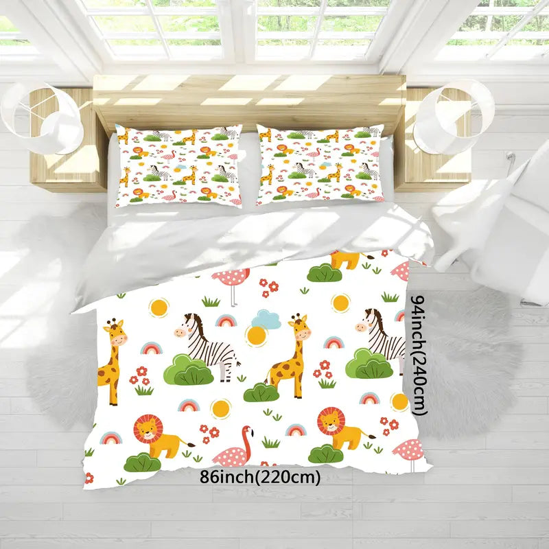 NNETM Cartoon Animal Microfiber Duvet Cover Set - Lion, Flamingo, Deer, Zebra Print (3pcs)