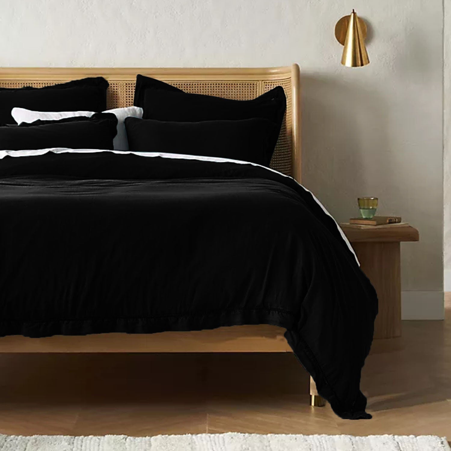 Embroidered Edge Pure Black 100% Pure Linen | Linen Cotton Mix | 3 Piece Duvet Cover Set | 4 Piece Sheet Set | Handmade | Pre-washed | Soft