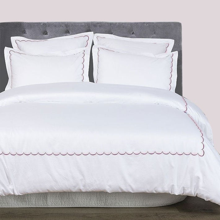 White with Bubblegum Pink - Cotton Sateen, Pure Linen, Linen Cotton Mix | 3 Piece Embroidered Edge Duvet Cover Set | Handmade | Pre-washed