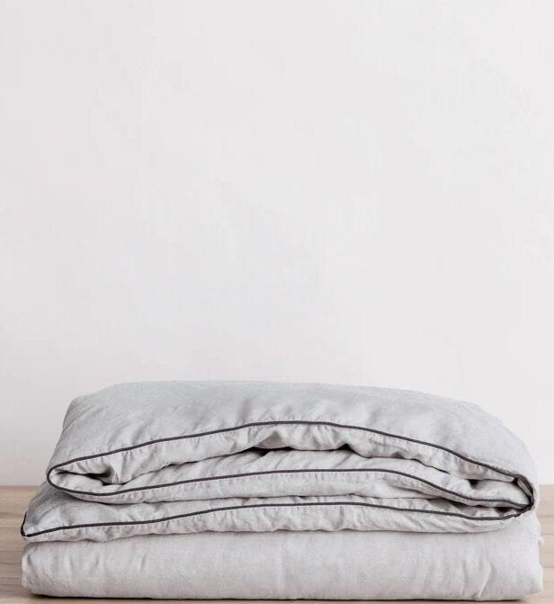 Light Grey with Black Piping -  100% Pure Linen or Linen Cotton | 3 Piece Piped Duvet Cover Set | Handmade | Pre-washed