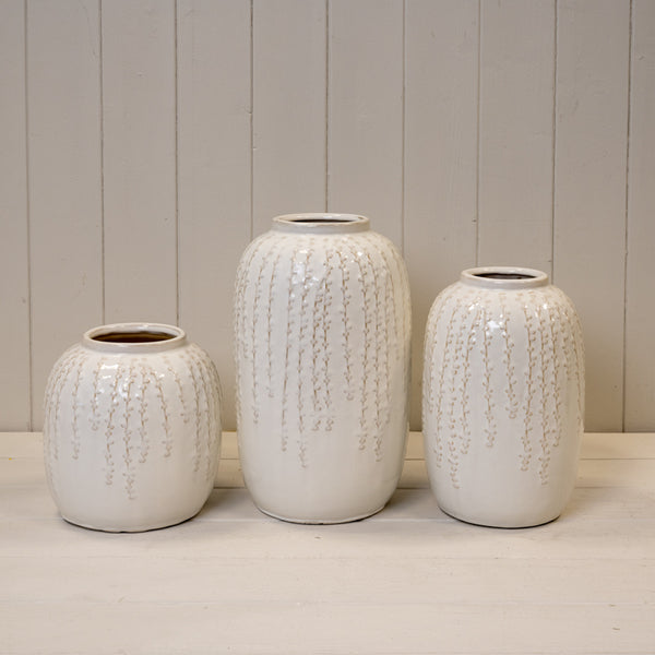 Large Cream Ceramic Ribbed Vase 29cm High