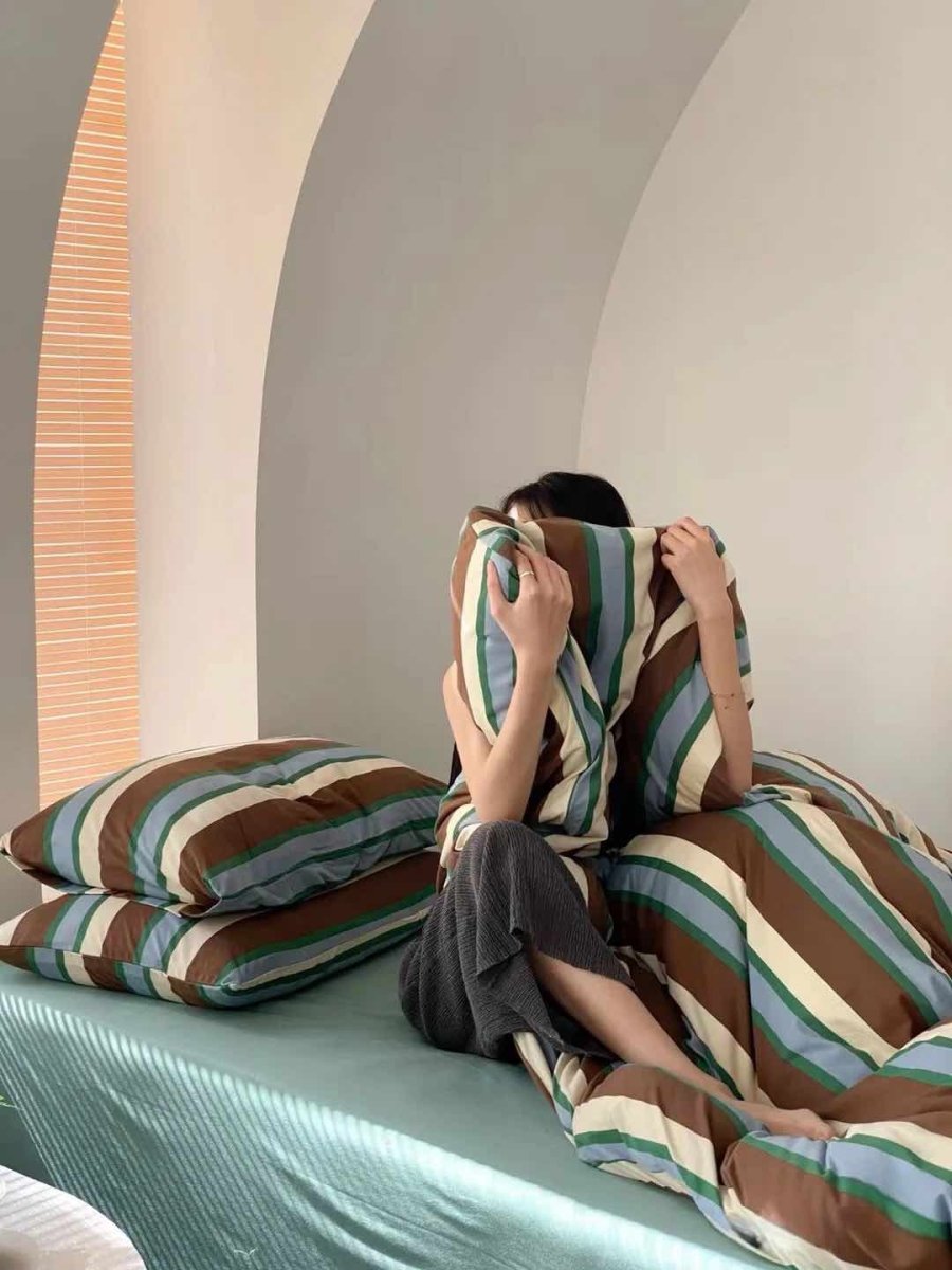 Retro Earthy Tone Stripe Queen Duvet Cover Set with Pillowcases, 100% Cotton