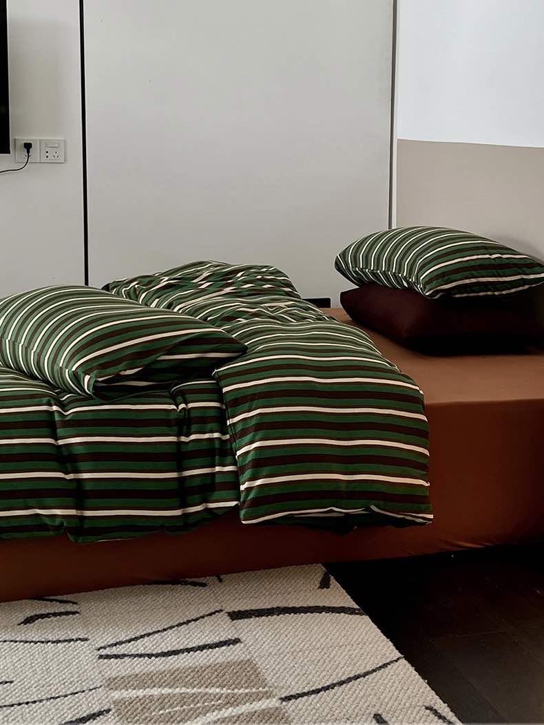 Retro Jersey Knit Stripe Queen Duvet Cover Set with Pillowcases & Fitted Sheet